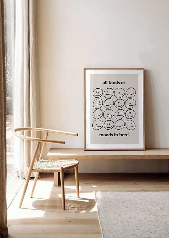 Graphic illustration of different facial expressions in black on beige-12