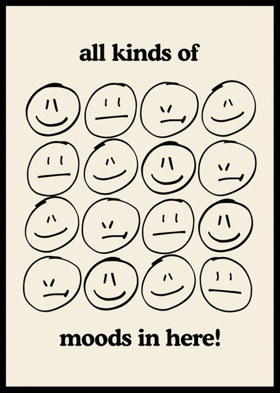 Graphic illustration of different facial expressions in black on beige-12