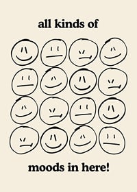 Graphic illustration of different facial expressions in black on beige-7