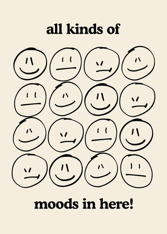 Graphic illustration of different facial expressions in black on beige-12