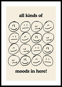 Graphic illustration of different facial expressions in black on beige-0