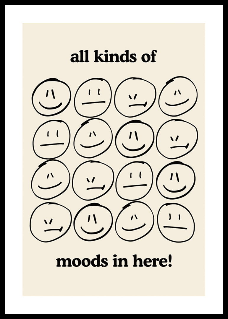 Graphic illustration of different facial expressions in black on beige-12