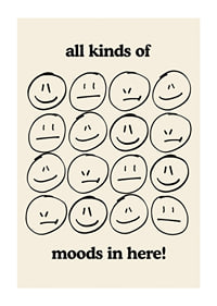 Graphic illustration of different facial expressions in black on beige-1