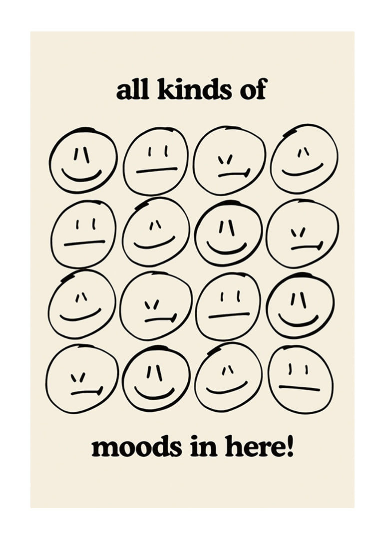 Graphic illustration of different facial expressions in black on beige-12
