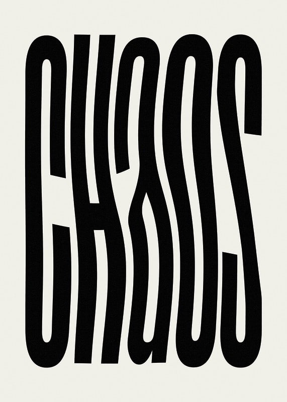 Graphic text illustration with the word CHAOS in black against beige-12