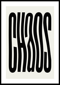 Graphic text illustration with the word CHAOS in black against beige-0
