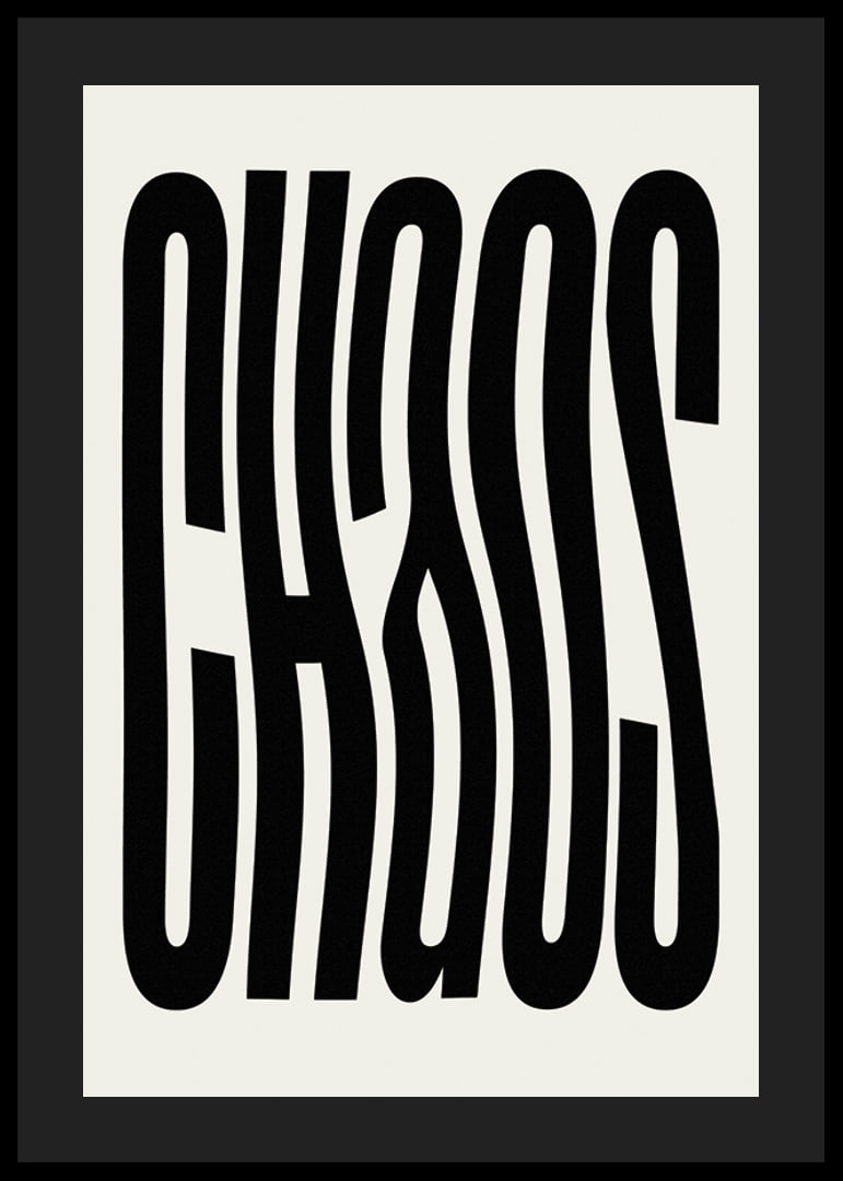 Graphic text illustration with the word CHAOS in black against beige-12