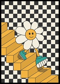 Illustrated flower with smiling face walking down yellow stairs against black and white checkered background-6