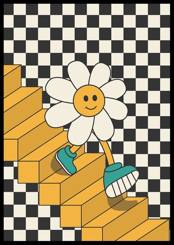 Illustrated flower with smiling face walking down yellow stairs against black and white checkered background-12