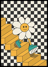 Illustrated flower with smiling face walking down yellow stairs against black and white checkered background-6