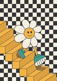 Illustrated flower with smiling face walking down yellow stairs against black and white checkered background-7