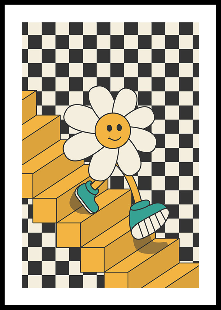 Illustrated flower with smiling face walking down yellow stairs against black and white checkered background-12