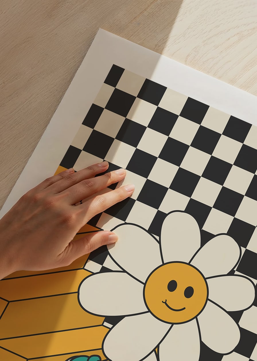 Illustrated flower with smiling face walking down yellow stairs against black and white checkered background-12