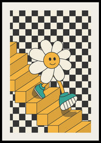 Kuvitettu hymyilevä kukka kävelee keltaisia ​​portaita alas mustavalkoista ruudullista taustaa vasten-2
