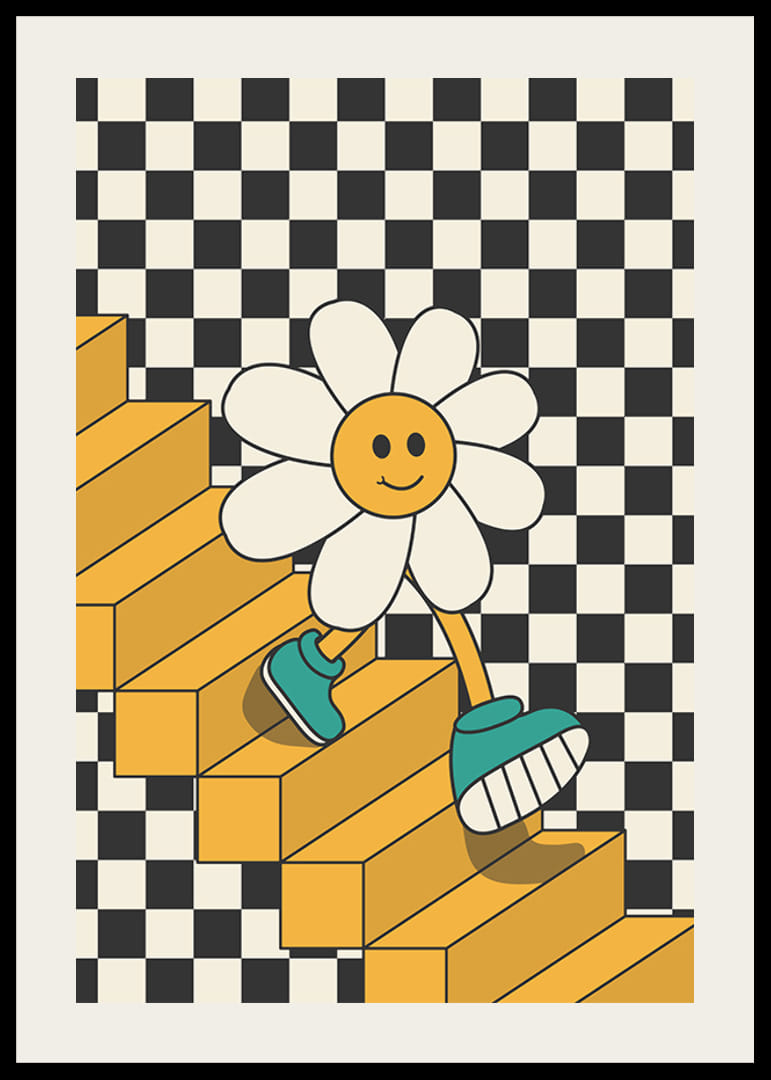 Kuvitettu hymyilevä kukka kävelee keltaisia ​​portaita alas mustavalkoista ruudullista taustaa vasten-12