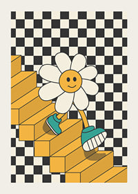 Illustrated flower with smiling face walking down yellow stairs against black and white checkered background-3