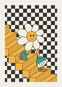Illustrated flower with smiling face walking down yellow stairs against black and white checkered background-3