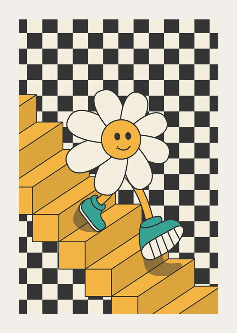 Illustrated flower with smiling face walking down yellow stairs against black and white checkered background-12