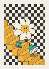 Kuvitettu hymyilevä kukka kävelee keltaisia ​​portaita alas mustavalkoista ruudullista taustaa vasten-3