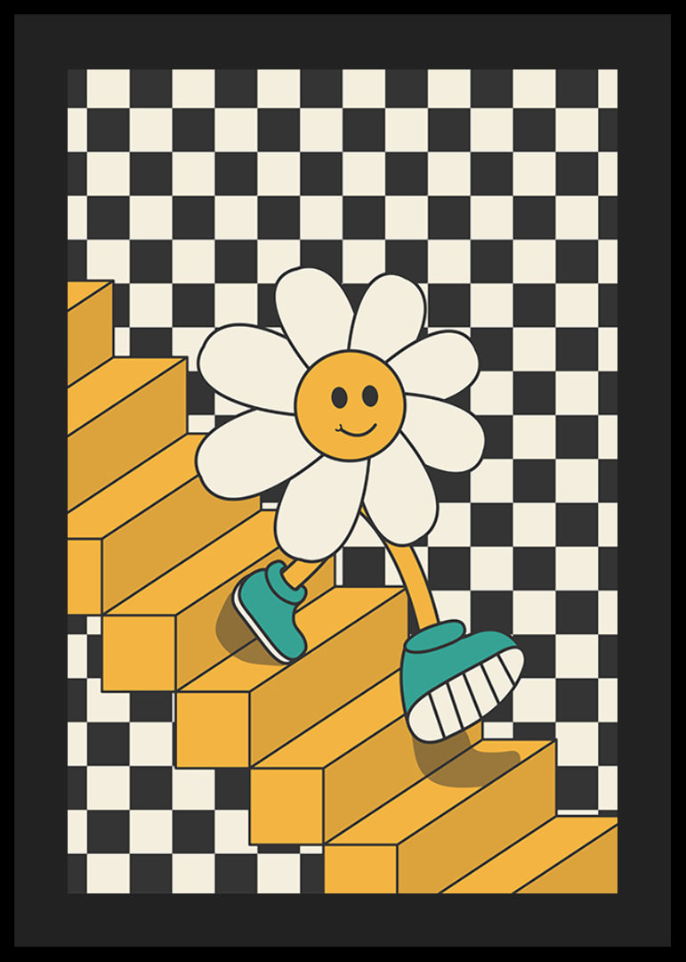 Illustrated flower with smiling face walking down yellow stairs against black and white checkered background-12