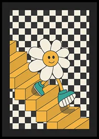 Illustrated flower with smiling face walking down yellow stairs against black and white checkered background-4