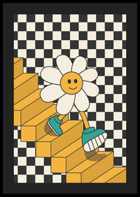 Kuvitettu hymyilevä kukka kävelee keltaisia ​​portaita alas mustavalkoista ruudullista taustaa vasten-4
