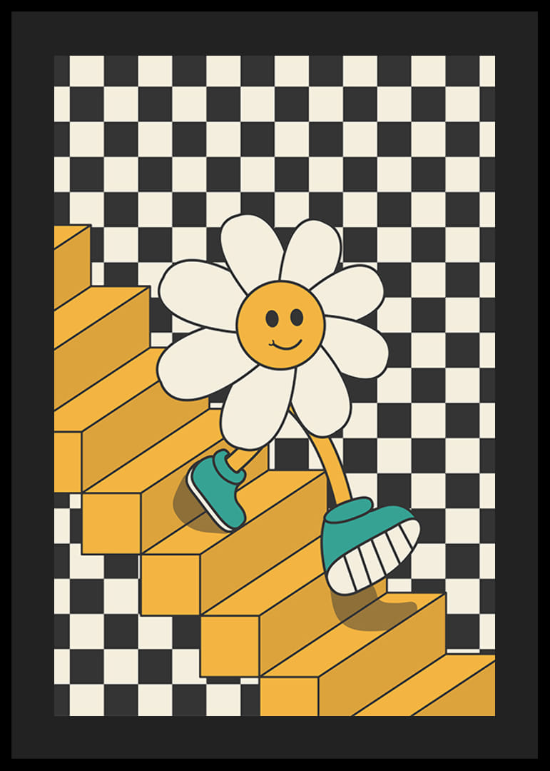 Kuvitettu hymyilevä kukka kävelee keltaisia ​​portaita alas mustavalkoista ruudullista taustaa vasten-12