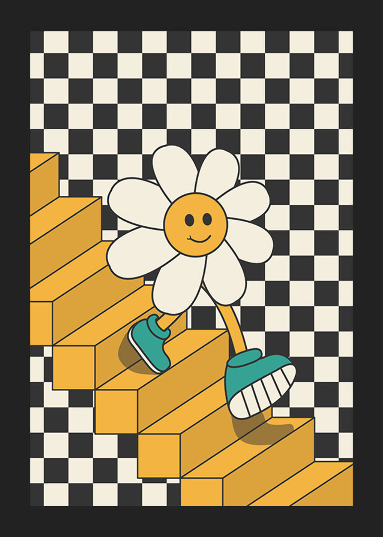 Illustrated flower with smiling face walking down yellow stairs against black and white checkered background-12