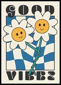 Graphic illustration of two smiling flowers against blue and white pattern-6