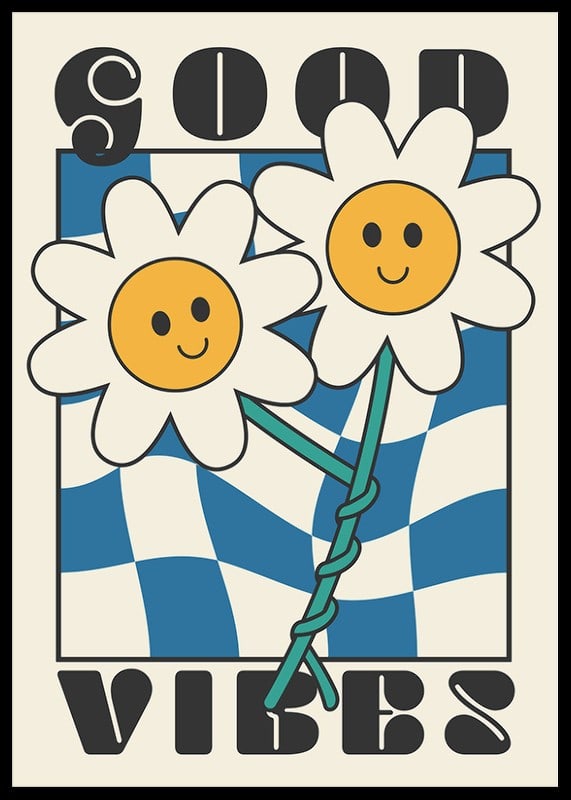 Graphic illustration of two smiling flowers against blue and white pattern-12