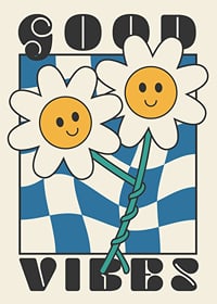 Graphic illustration of two smiling flowers against blue and white pattern-7