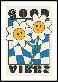 Graphic illustration of two smiling flowers against blue and white pattern-0