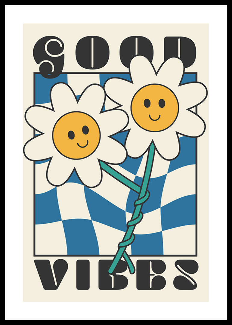 Graphic illustration of two smiling flowers against blue and white pattern-12