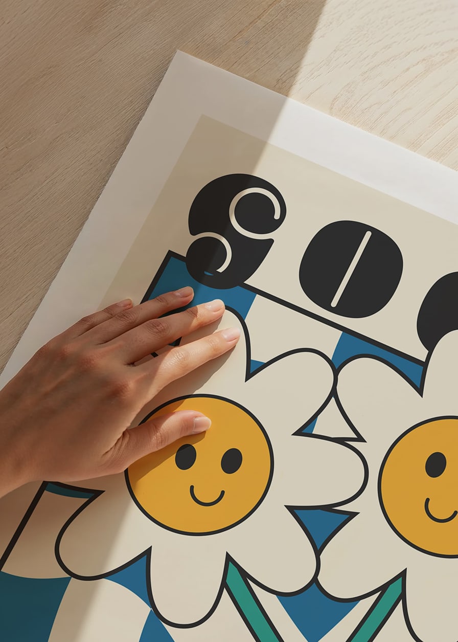 Graphic illustration of two smiling flowers against blue and white pattern-12
