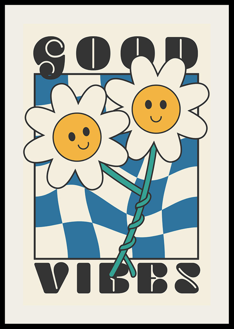 Graphic illustration of two smiling flowers against blue and white pattern-12