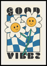 Grafisk illustrasjon av to smilende blomster mot et blått og hvitt mønster-2