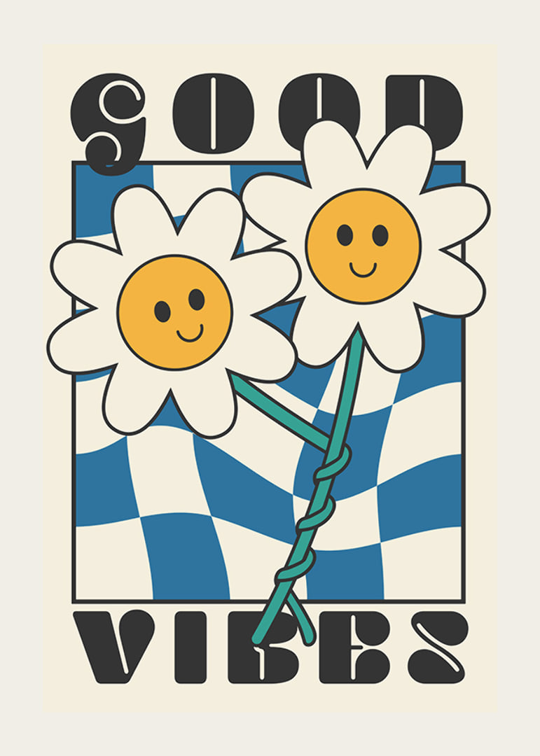 Graphic illustration of two smiling flowers against blue and white pattern-12