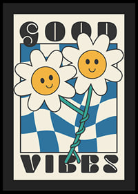 Graphic illustration of two smiling flowers against blue and white pattern-4