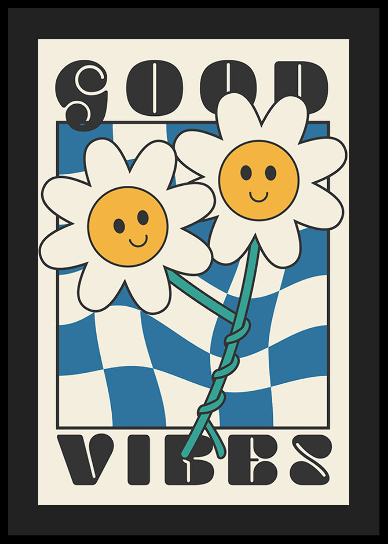 Graphic illustration of two smiling flowers against blue and white pattern-12