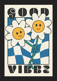 Graphic illustration of two smiling flowers against blue and white pattern-5
