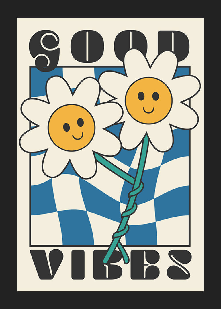 Grafisk illustrasjon av to smilende blomster mot et blått og hvitt mønster-12