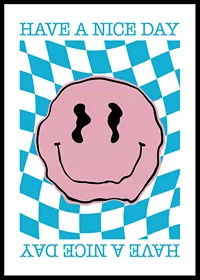 Graphic smiley in pink against blue and white checkered background-0