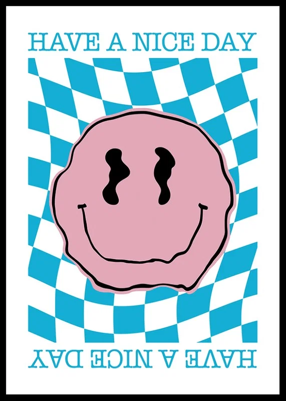Graphic smiley in pink against blue and white checkered background-12