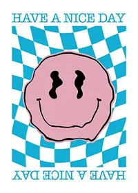 Graphic smiley in pink against blue and white checkered background-1