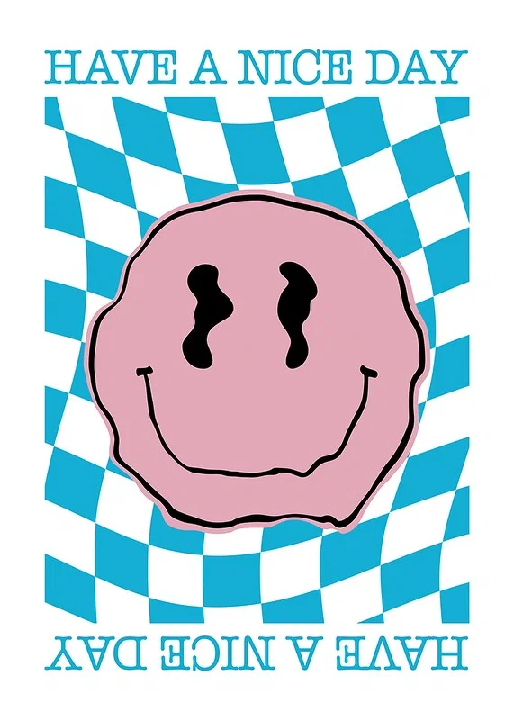Graphic smiley in pink against blue and white checkered background-12