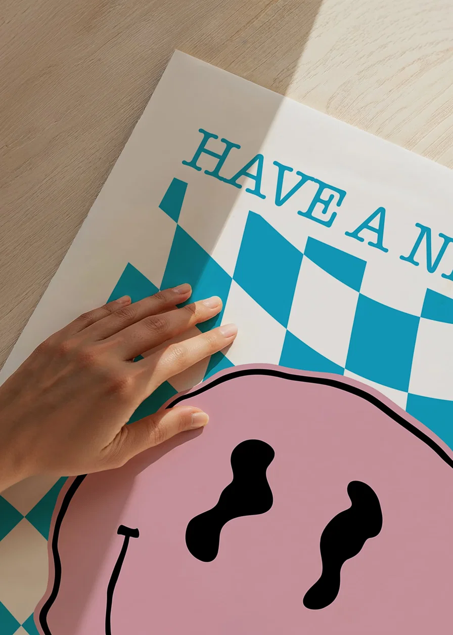 Graphic smiley in pink against blue and white checkered background-12