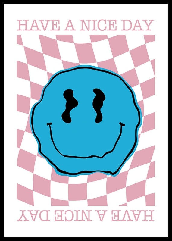 Kék smiley illusztráció rózsaszín kockás hullámos mintán-12
