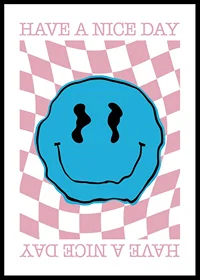 Blue smiley illustration on pink checkered wavy pattern-0