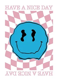 Blue smiley illustration on pink checkered wavy pattern-1