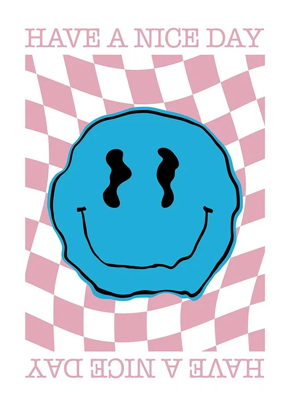Blue smiley illustration on pink checkered wavy pattern-12